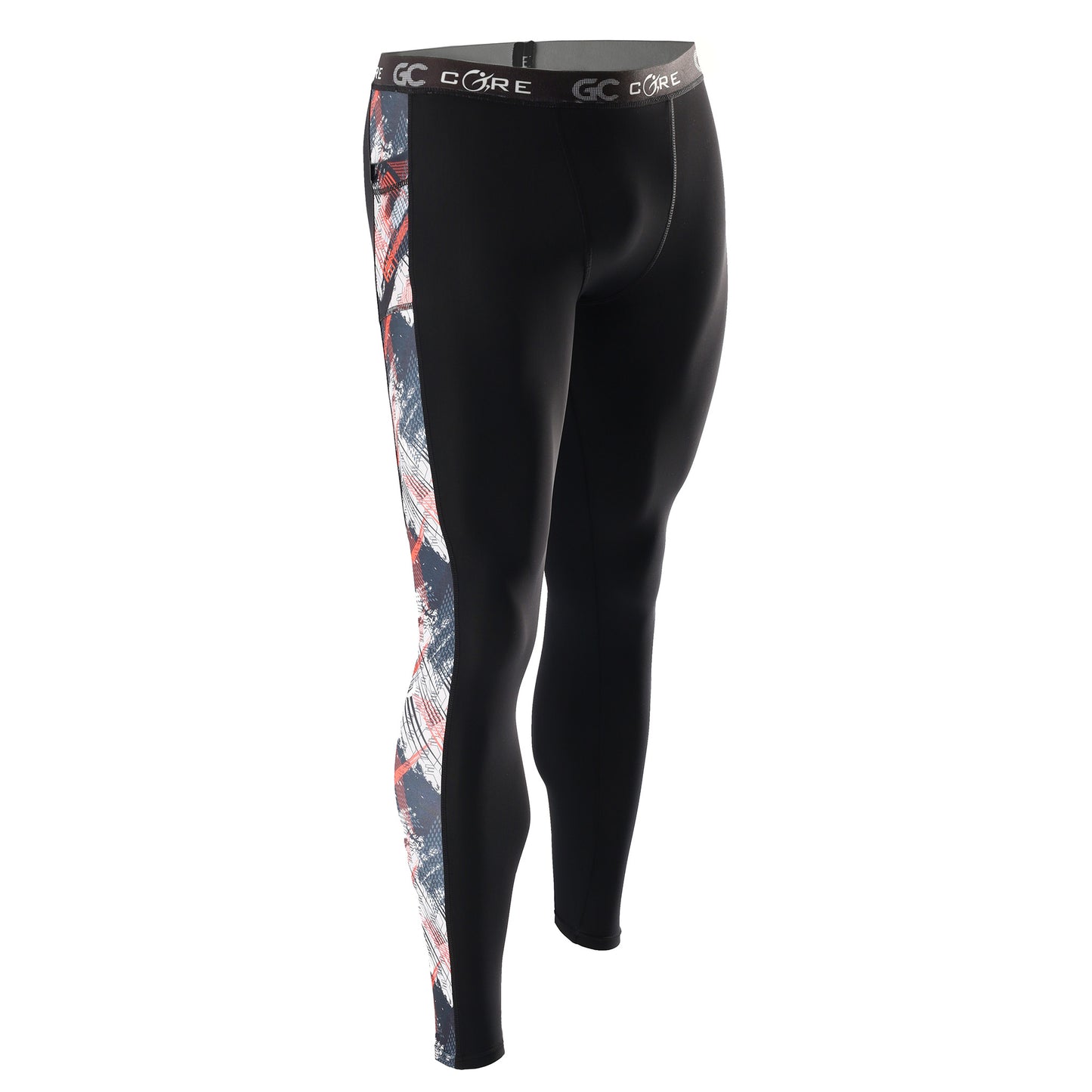 Men's Long Compression Tights - Black with Orange Splash