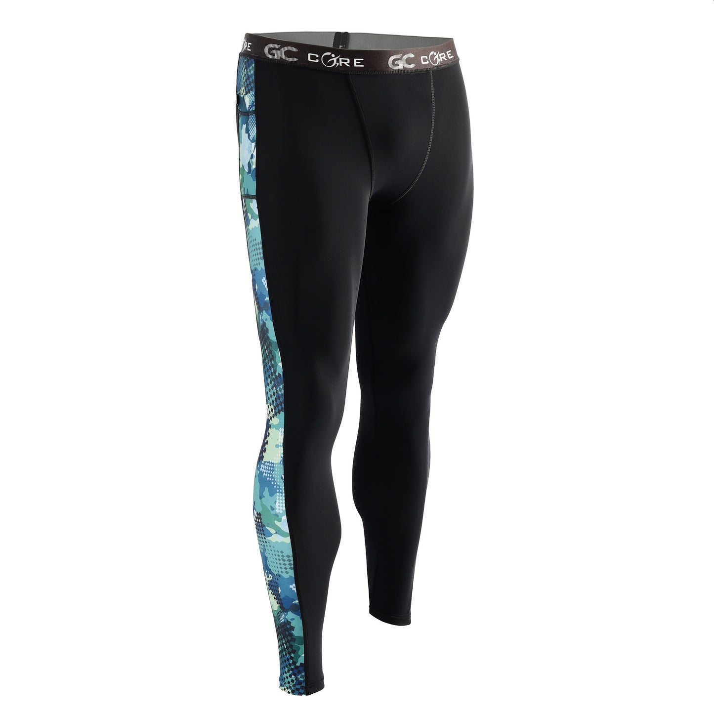 Men's Long Compression Tights - Black with Green Camo